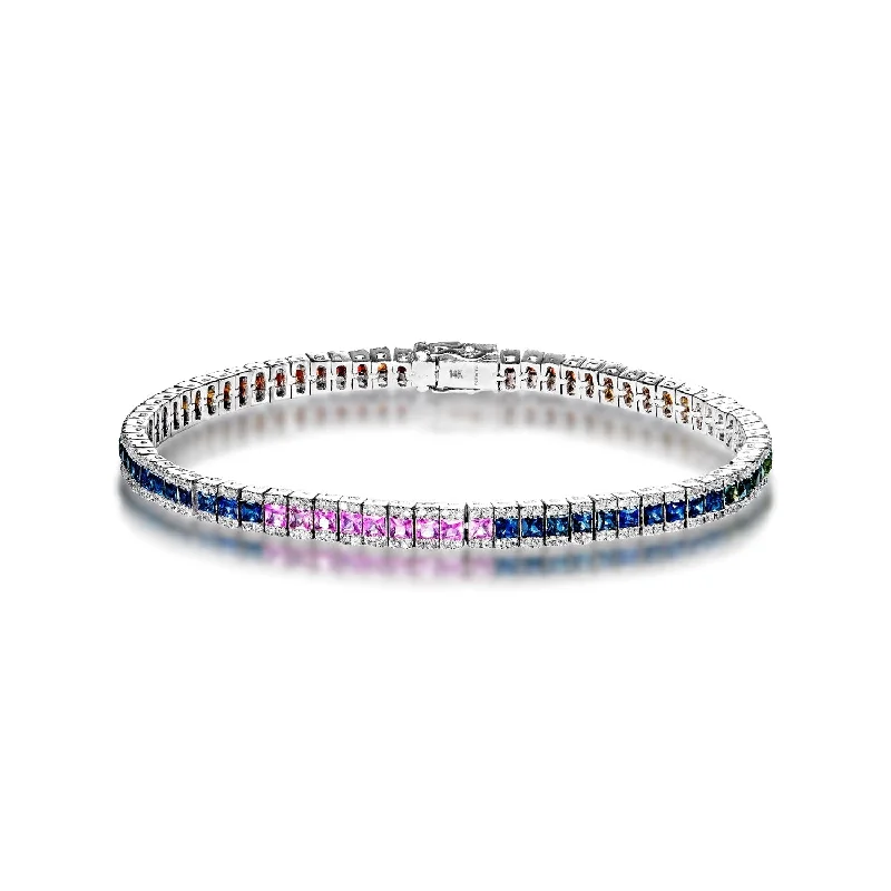 Elegant design bangles-Andi 7 Carat Princess Cut Single Row Diamond & Multicolor Sapphire Tennis Bracelet in 14k White Gold