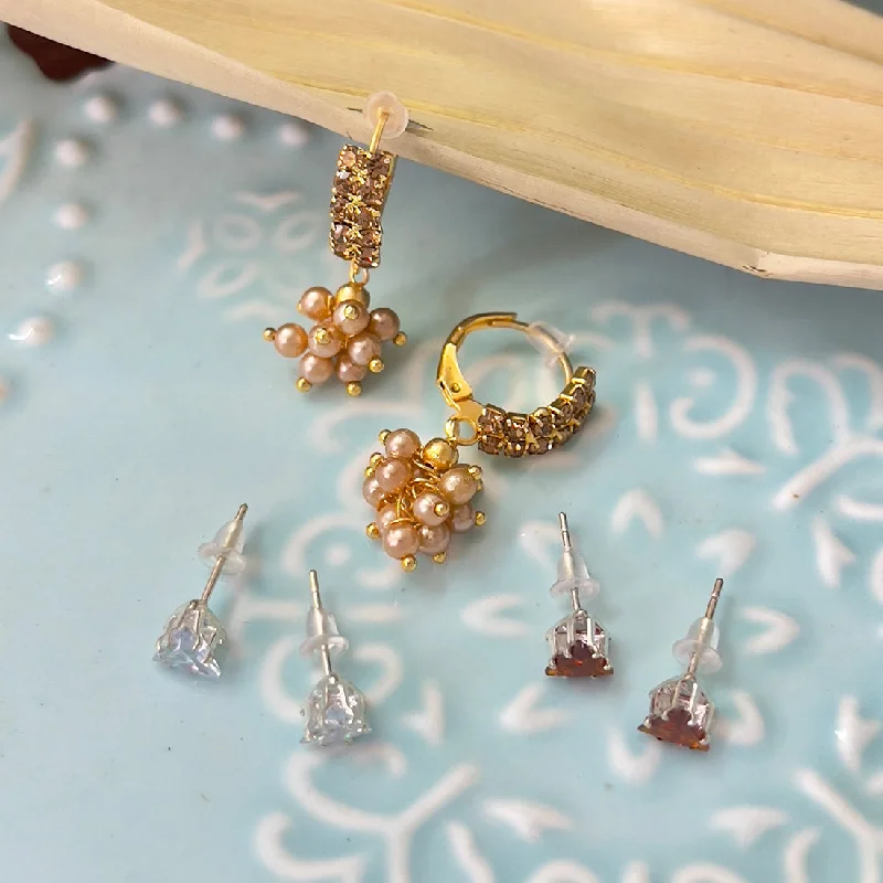 Topaz gem earrings-Set Of 3 Triangular Silver-Toned Diamante Studs & Gold-Toned Ethnic Studded Hoop Drop Earrings