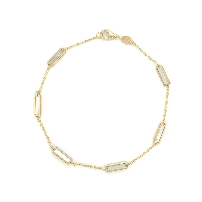 Oval stone bangles-14k Gold Mother of Pearl Bar Bracelet