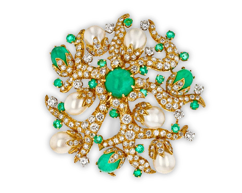 Oval charm brooch-David Webb Emerald, Diamond and Pearl Brooch