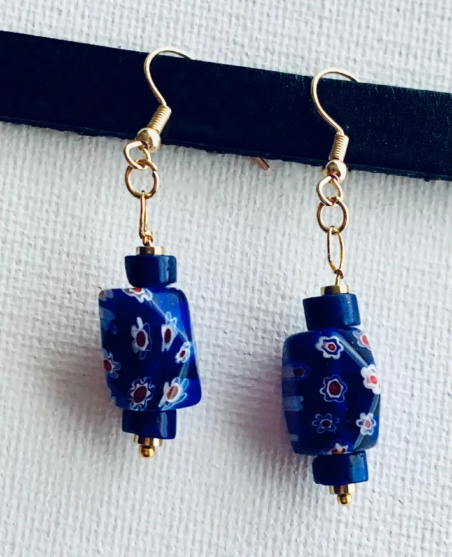 Quirky pair earrings-Myrna Handmade Lapis Lazuli, Millefiori Bead, and Gold Plated Hematite Earrings