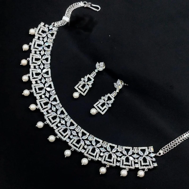 Petal design necklaces-Akruti Collection Silver Plated AD Stone Necklace Set