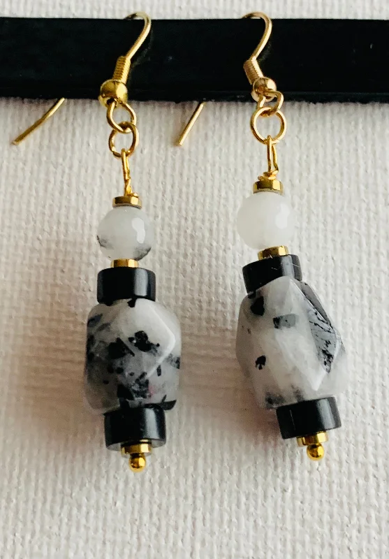 Tiered dangle earrings-Marisa Handmade Tourmalinated Quartz, Rutilated Quartz, Black Onyx, and Gold Plated Hematite Earrings