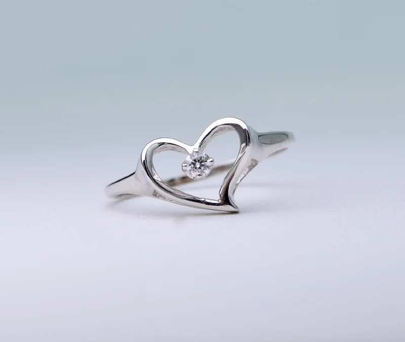 Matte band rings-14K heart-shaped white gold ring with one center diamond