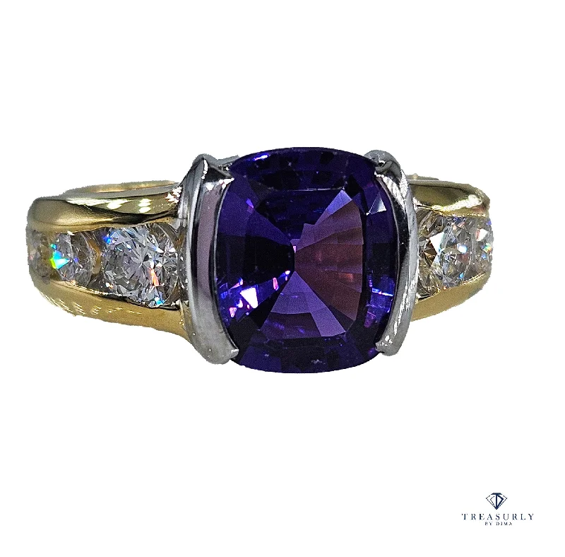 Topaz inlay rings-Rare GIA 3.04ctw Natural PURPLE Unheated Ceylon Cushion Sapphire Diamond Platinum 18K Ring