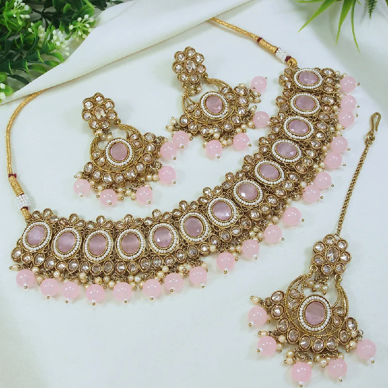 Retro charm necklaces-LALSO Designer Mehendi Gold plated AD/Zircon Work Necklace Jewelry Set With Maangtika