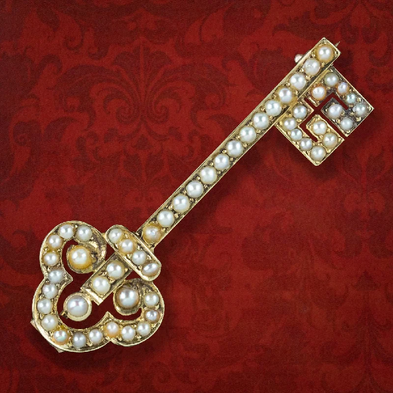 Lily design brooch-Antique Victorian Natural Pearl Key Brooch 18ct Gold