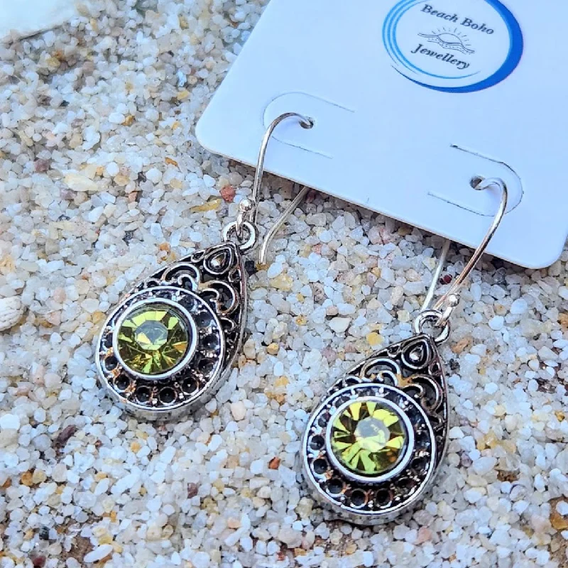 Polished disc earrings-VINTAGE PERIDOT DROPS -  PURE SILVER HILLTRIBE HOOK EARRINGS