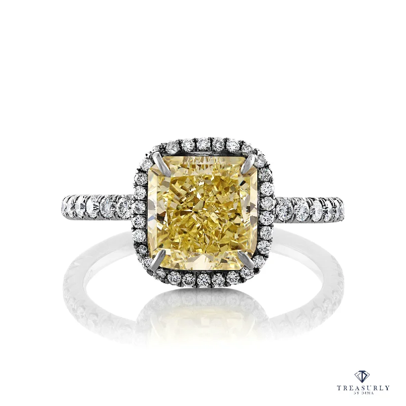 Raven feather rings-GIA 3.14ctw Estate Vintage Natural Fancy Yellow Radiant Diamond Plat 18k Ring