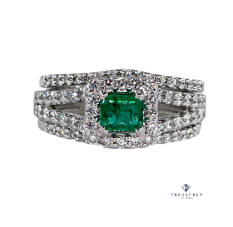 Gothic charm rings-Estate 1.70ct Natural Green Emerald and Diamond Engagement Anniversary Triple Band Gold Ring by Heizberg