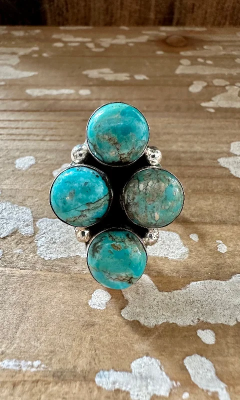 Surf design rings-QUADRUPLET TURQUOISE CLUSTER Silver Ring • Size 8 1/4