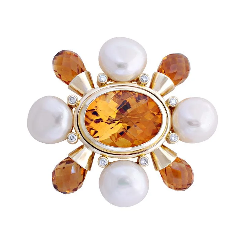 Solid gem brooch-Brooch - Citrine, Pearl and Diamond