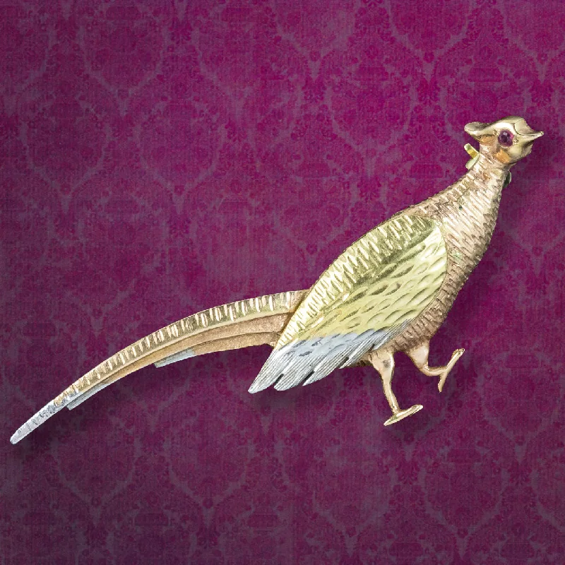 Textured leaf brooch-Antique Edwardian Pheasant Brooch 18ct Gold Ruby Eye