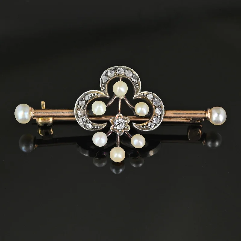 Sculptural floral brooch-Antique 15K Gold Pearl & Rose Cut Diamond Brooch