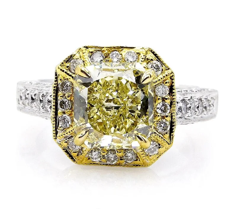 Full moon rings-GIA 2.74ctw Estate Vintage Natural Fancy Yellow Radiant Diamond Engagement Wedding Ring