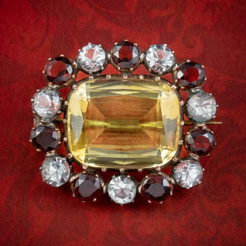 Onyx accent brooch-Antique Georgian Harlequin Brooch Citrine Garnet Crystal