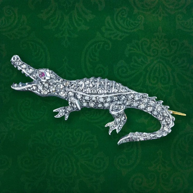 Custom name brooch-Victorian Style Diamond Crocodile Brooch With Ruby Eye