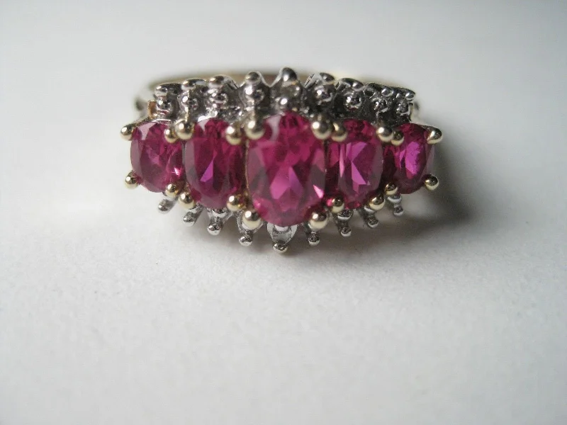 Glossy finish rings-Vintage 10kt Gold, 5 Ruby/Spinel Stones, Oval Cut, Diamond Ring, sz. 7.5 - GREAT