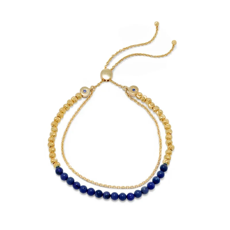 Dusk gothic bangles-18k Gold Plated Sterling Silver Double Strand Lapis Bead Bracelet Bolo Bracelet