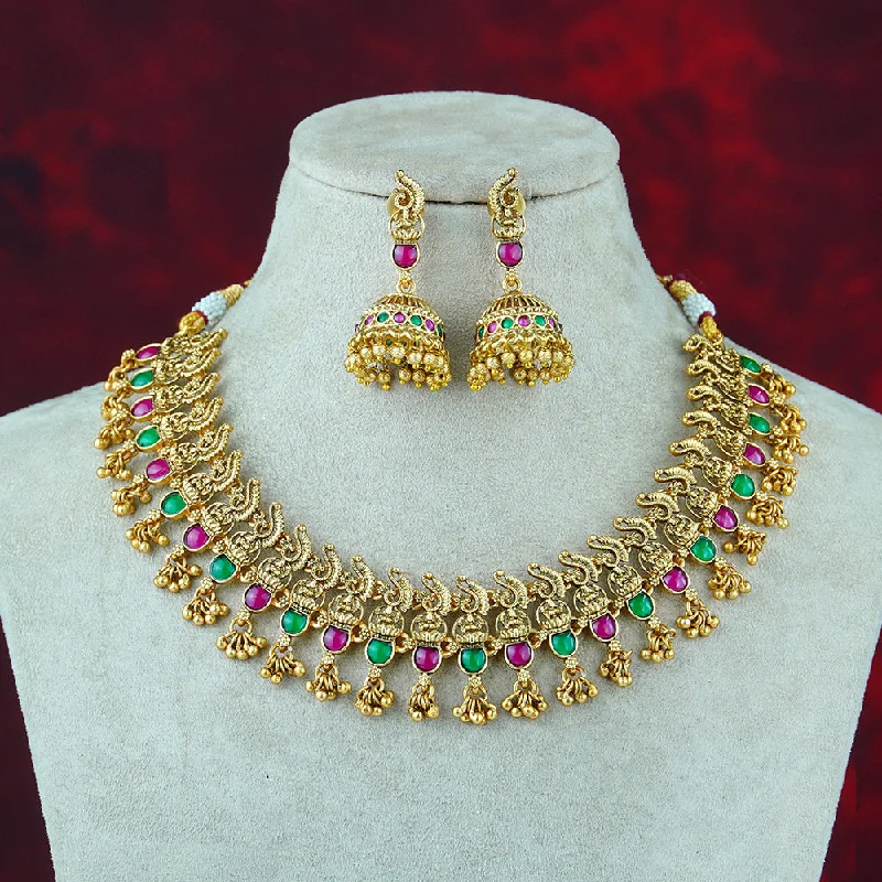 Tiered link necklaces-Diksha Collection Gold Plated Pota Stone Necklace Set