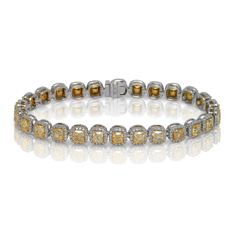 Tide pattern bangles-Emmalyn 14 Carat Cushion Cut Single Row Fancy Yellow Diamonds Tennis Bracelet in 18k White Gold