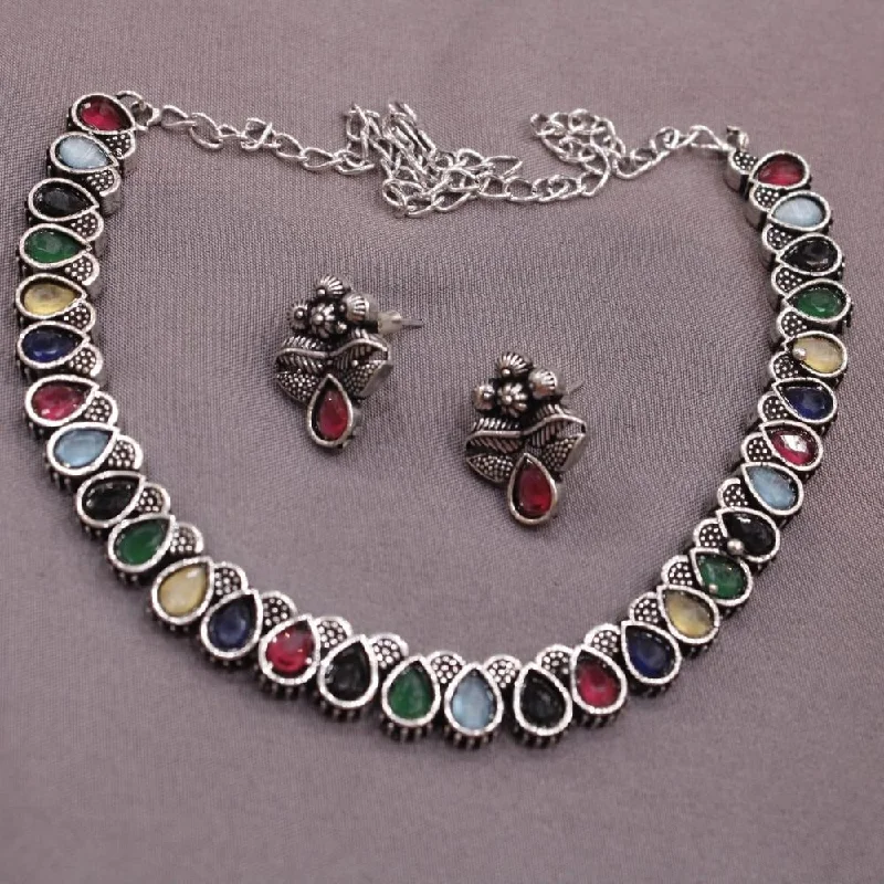 Solid link necklaces-Akruti Collection Oxidised Plated Pota Stone Necklace Set