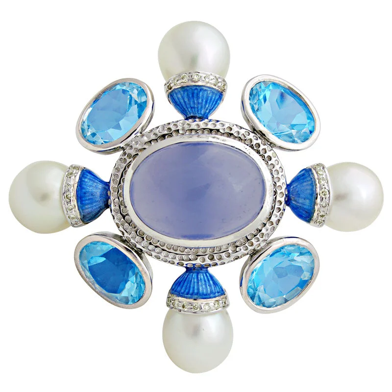 Sapphire accent brooch-Brooch-Chalcedony, Blue Topaz, South Sea Pearl and Diamond (Enamel)