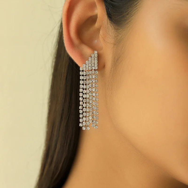 Topaz earrings-Contemporary White Diamante Crystal Studded Silver -Toned Triangular Tassel Drop Earrings