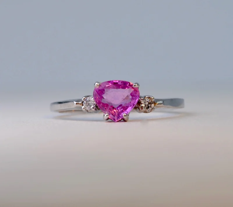 Ruby gem rings-14K White Gold ring with one center Pink Sapphire and 2 side Diamonds