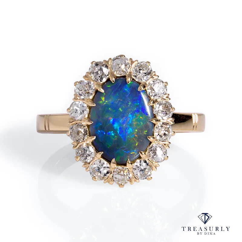 Worn texture rings-An exquisite Antique Victorian Lightning Ridge Black Opal Diamond Cluster Cocktail Ring