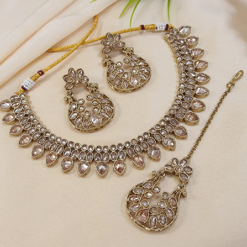 Matte gloss necklaces-LALSO Champaigne Gold Antique Gold plated AD/Zircon Work Necklace Jewelry Set With Maangtika