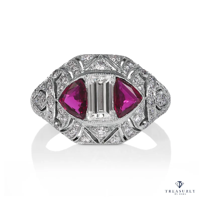 Fluid gem rings-Art Deco ctw GIA I-VS1 Carre Emerald Cut Diamond and Ruby Platinum Ring