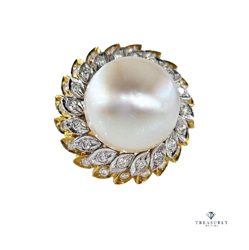 Morganite rings-Estate Vintage 14.40mm South Sea Pearl 0.50ct Diamond 14k White & Yellow Gold Ring