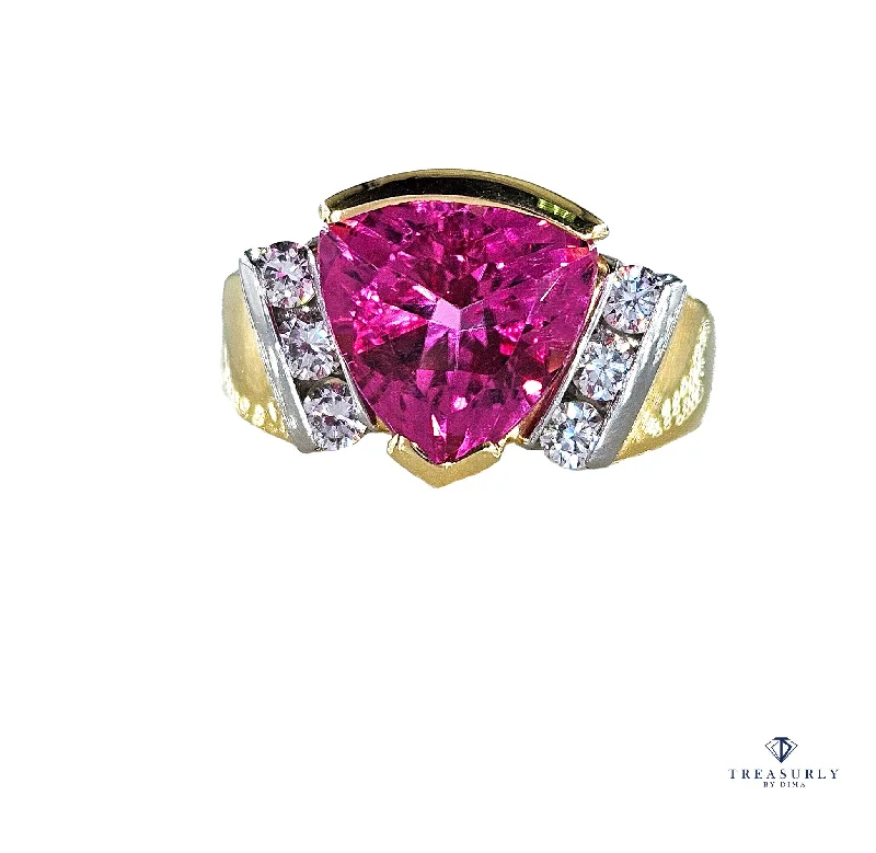 Whimsical rings-GIA 3.65ct Natural Pink Tourmaline Diamond 18k Yellow Gold Platinum Vintage Ring