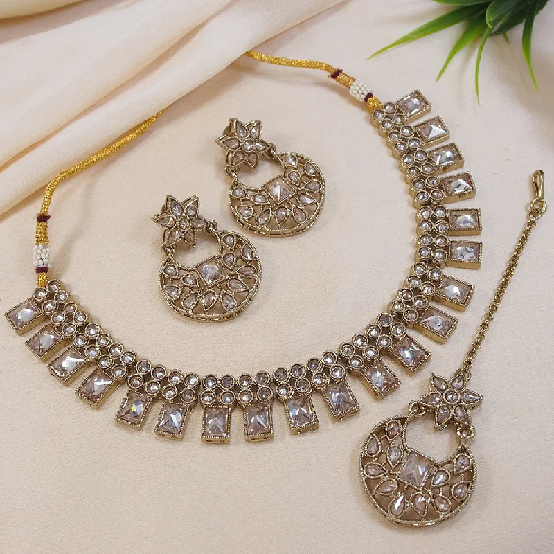 Lunar glow necklaces-LALSO Champaigne Gold Antique Gold plated AD/Zircon Work Necklace Jewelry Set With Maangtika