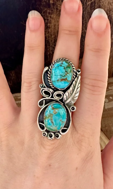 Leaf design rings-LITTLE C.R. Navajo, Dine'h Native Arts Turquoise Sterling Silver, Large Ring • Size 8 1/2