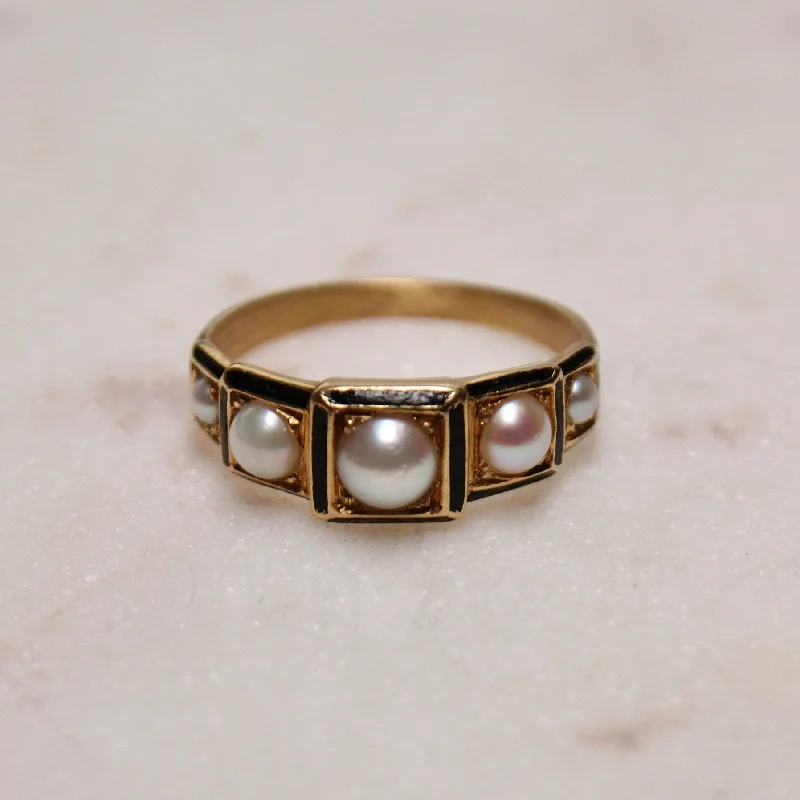 Agate gem rings-Victorian 18k Gold x Pearl & Enamel Mourning Quinet