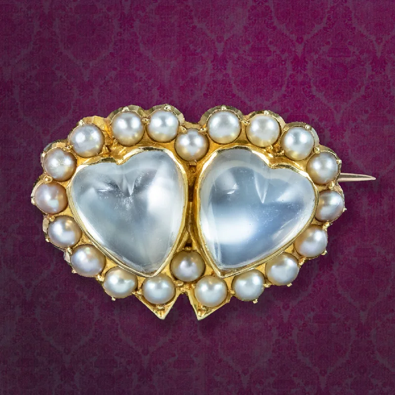 Spinel stone brooch-Antique Victorian Moonstone Pearl Heart Brooch 18ct Gold