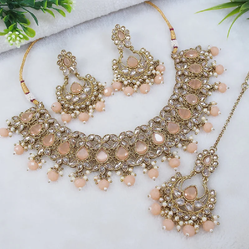 Cosmic glow necklaces-LALSO Designer Mehendi Gold plated AD/Zircon Work Necklace Jewelry Set With Maangtika