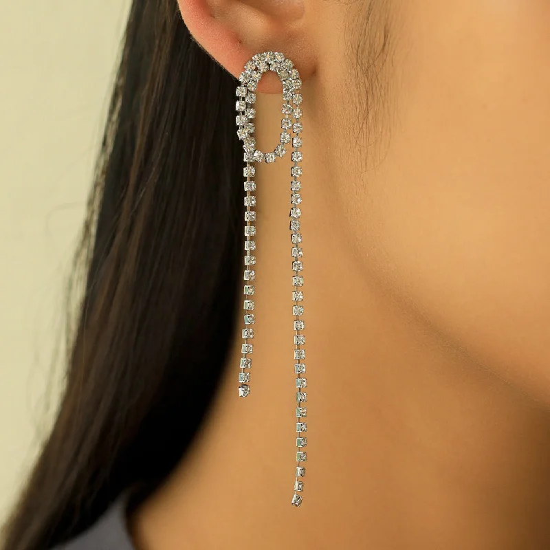 Fine bead earrings-Contemporary White Diamante Crystal Single Line Drop Tassel Silver -Toned Earrings