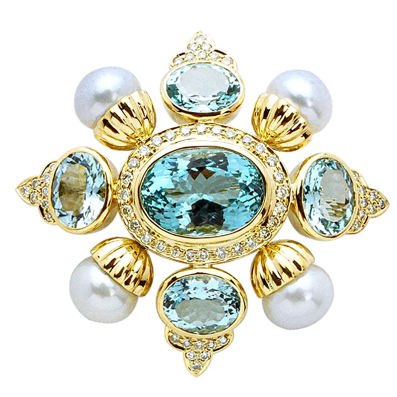 Tiny star brooch-Brooch- Aquamarine, Pearl And Diamond