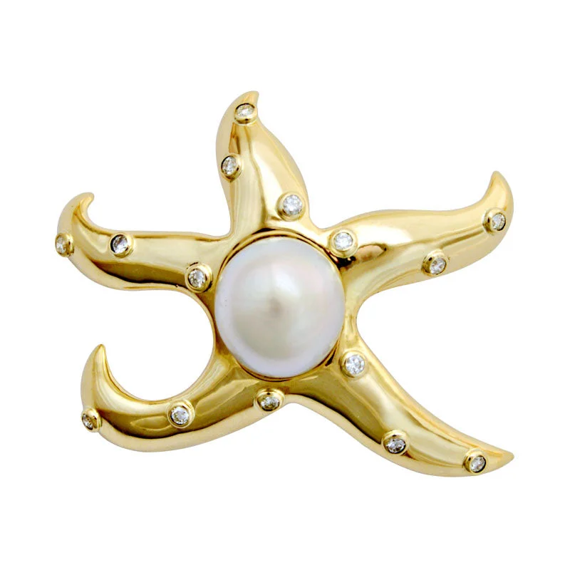 Sleek gold brooch-Brooch-South Sea Pearl and Diamond