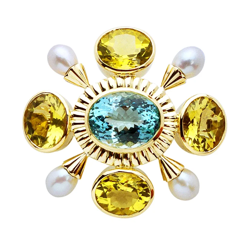 Vintage flair brooch-Brooch- Aquamarine, Pearl And Lemon Quartz