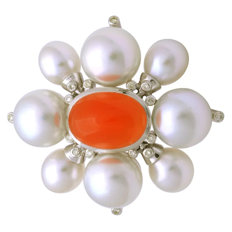 Linen cord brooch-Brooch-Cornelian, South Sea Pearl and Diamond