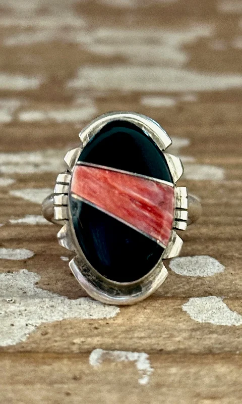 Elastic gem rings-BRANDON ETCITTY Multi Stone Inlay Navajo Ring, Sterling Silver, Jet & Spiny Oyster • Size 7.5