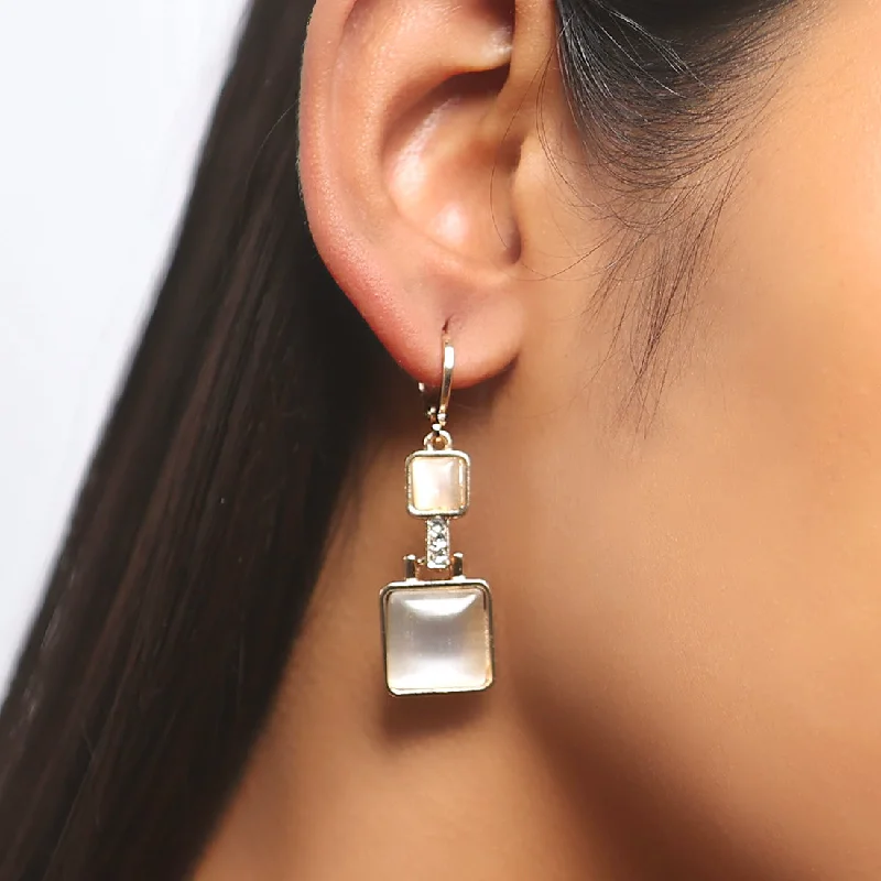 Raven feather earrings-Square White Moonstone Rose Gold-Toned Hoop Drop Earrings