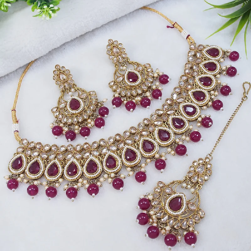 Wave motif necklaces-LALSO Designer Mehendi Gold plated AD/Zircon Work Necklace Jewelry Set With Maangtika