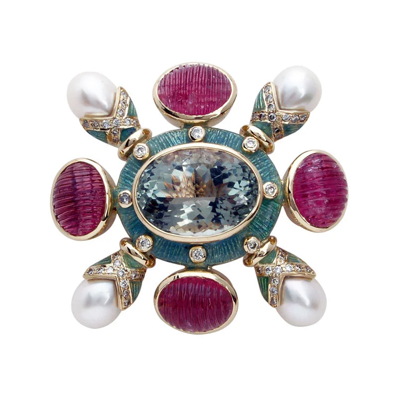 Beaded gem brooch-Brooch-Green Quartz, Rubellite, Pearl and Diamond (Enamel)