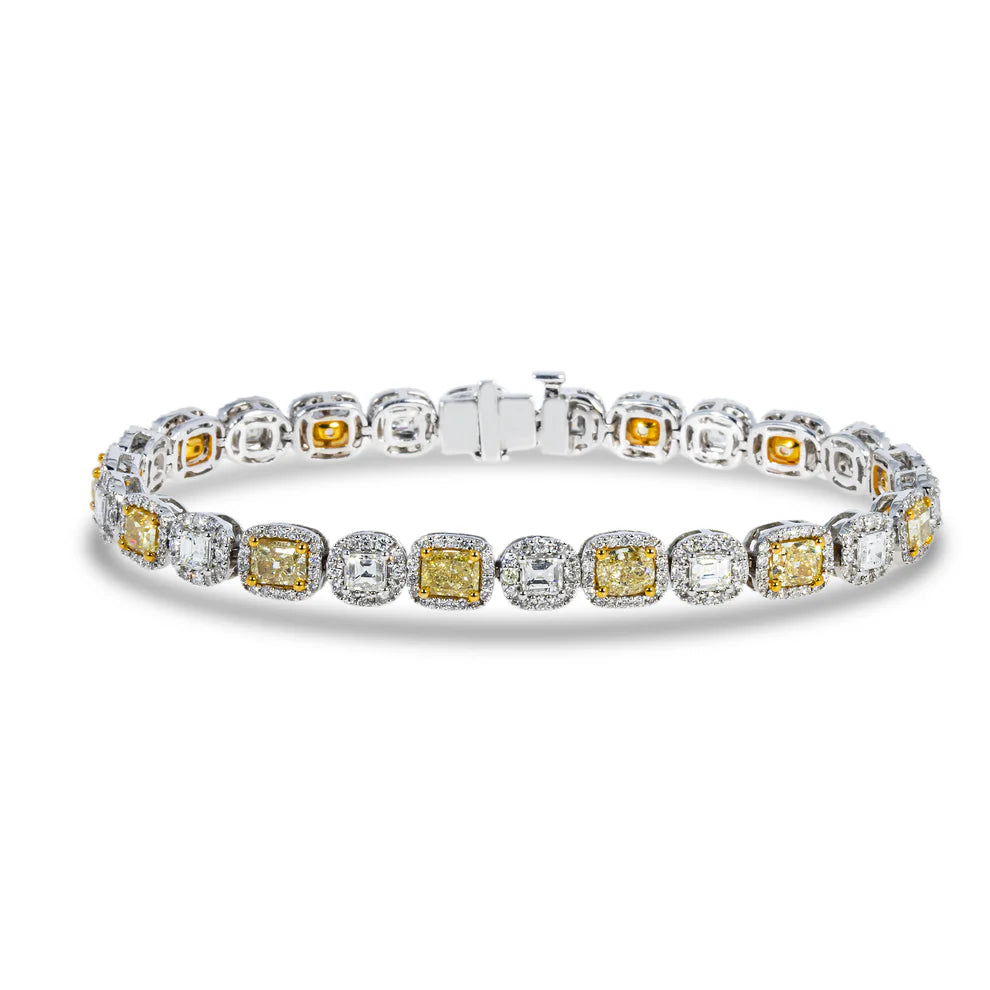 Onyx gem bangles-Estrella 12 Carat Asscher & Cushion Cut Fancy Yellow Diamond Bracelet in 14K White & Yellow Gold Two Tone