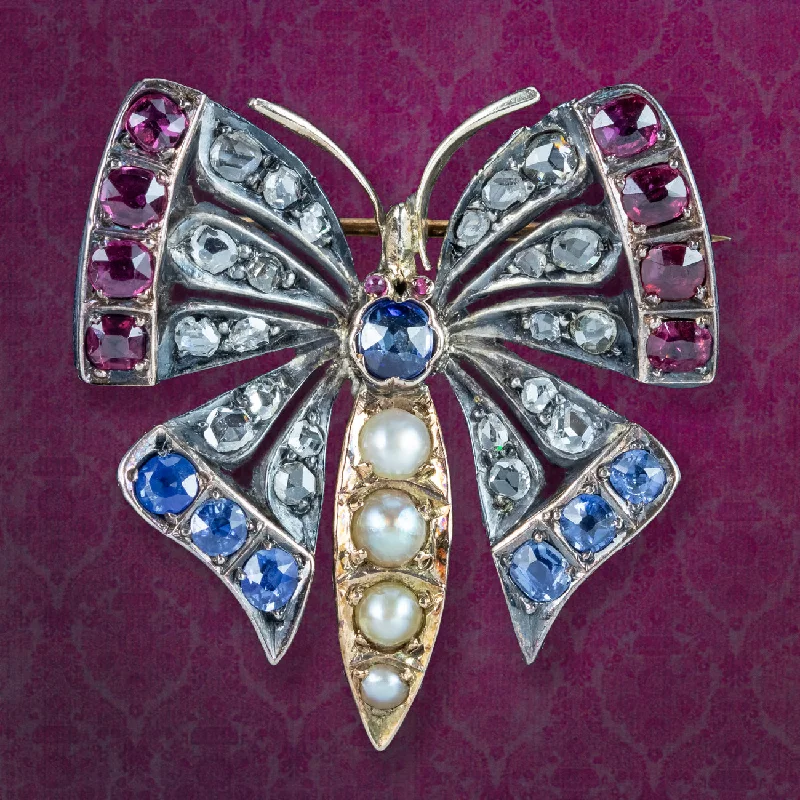 Morganite brooch-Antique Victorian Butterfly Brooch Diamond Pearl Ruby Sapphire